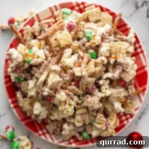 overhead of Reindeer Chow snack mix on Christmas plate