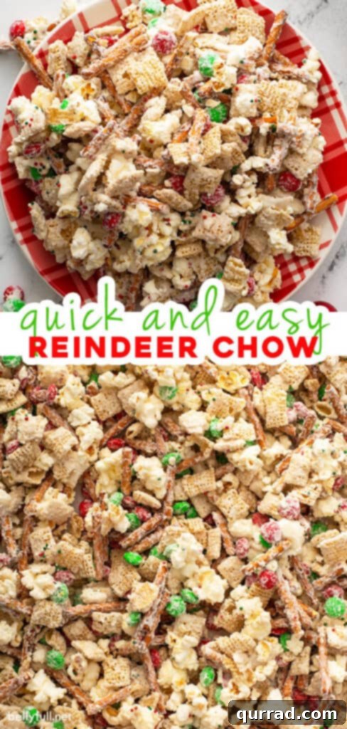 Christmas Reindeer Crunch 7 A festive two-picture pin showcasing the delicious Christmas Reindeer Chow snack mix, perfect for holiday gatherings and gifting.