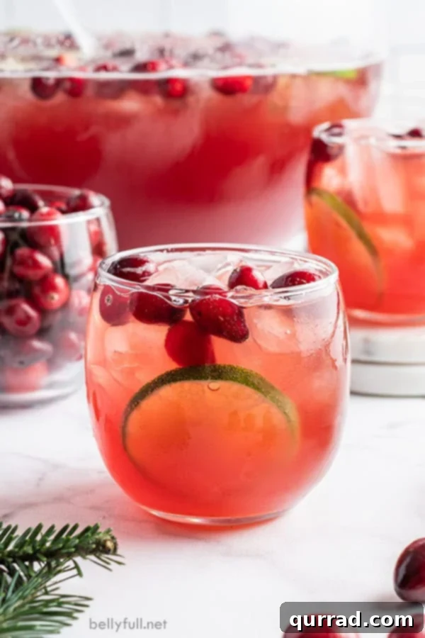 Effortless Festive Drink 5 A small glass tumbler filled with festive Christmas holiday punch, garnished with ice and cranberries, ready to be enjoyed.