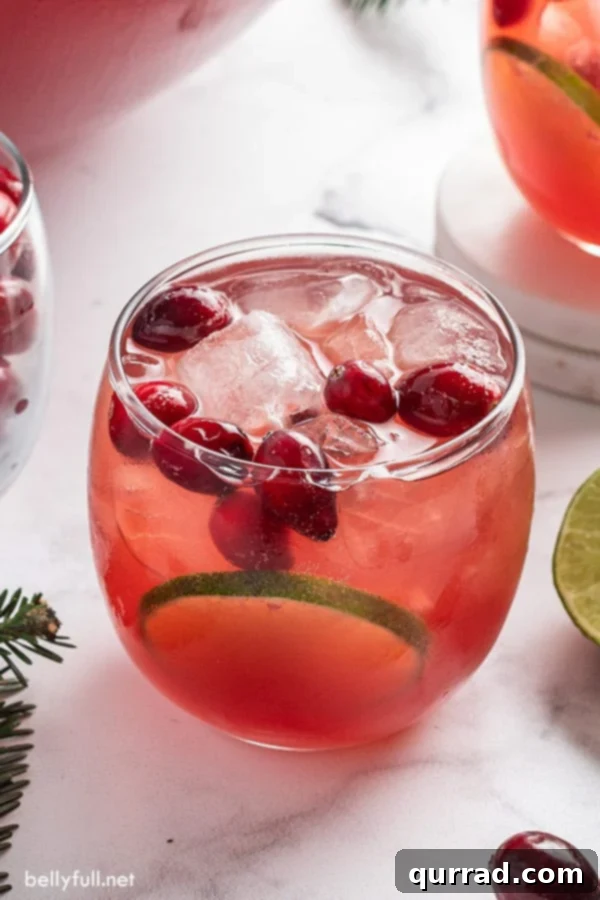 Effortless Festive Drink 6 A sparkling glass of Christmas punch, brimming with ice and fresh cranberries, beautifully captured in a close-up shot.
