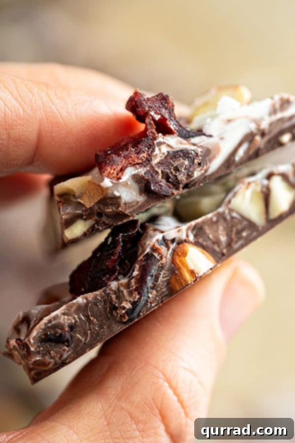 Sweet-Tart Cranberry Almond Chocolate Bark 5 Close-up of chocolate bark cut in half, revealing the layers of chocolate, almonds, and cranberries.