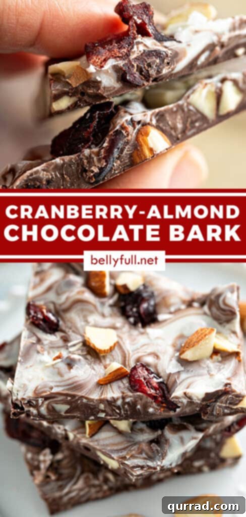 Sweet-Tart Cranberry Almond Chocolate Bark 8 A festive pin image for cranberry almond chocolate bark, showcasing the final product.