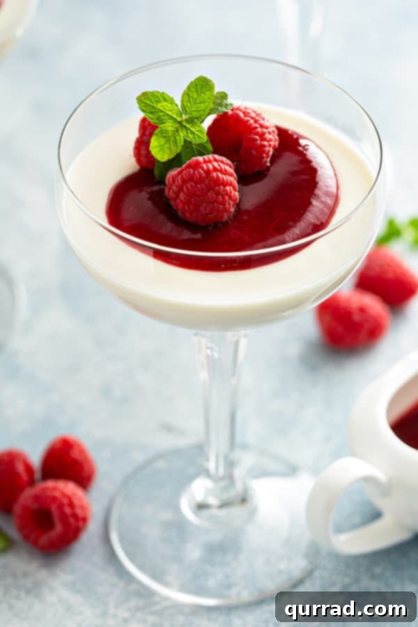 Velvety Vanilla Panna Cotta Treat 2 Panna cotta served elegantly in a wine glass with a rich raspberry sauce drizzled over it, garnished with fresh mint leaves.