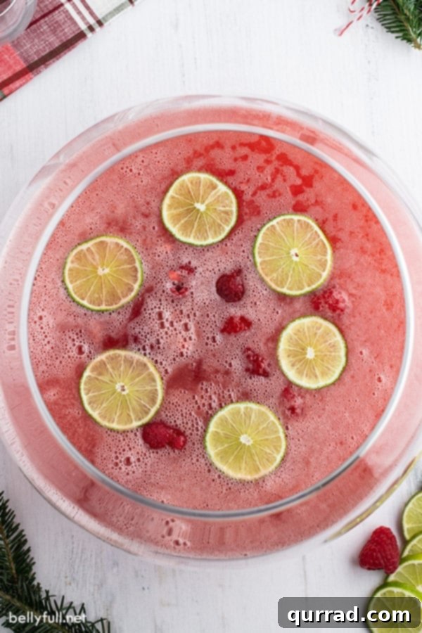 overhead of Christmas punch in punch bowl with lime slices and frozen raspberries