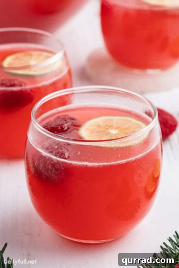 raspberry sherbet punch in small glass with frozen raspberries