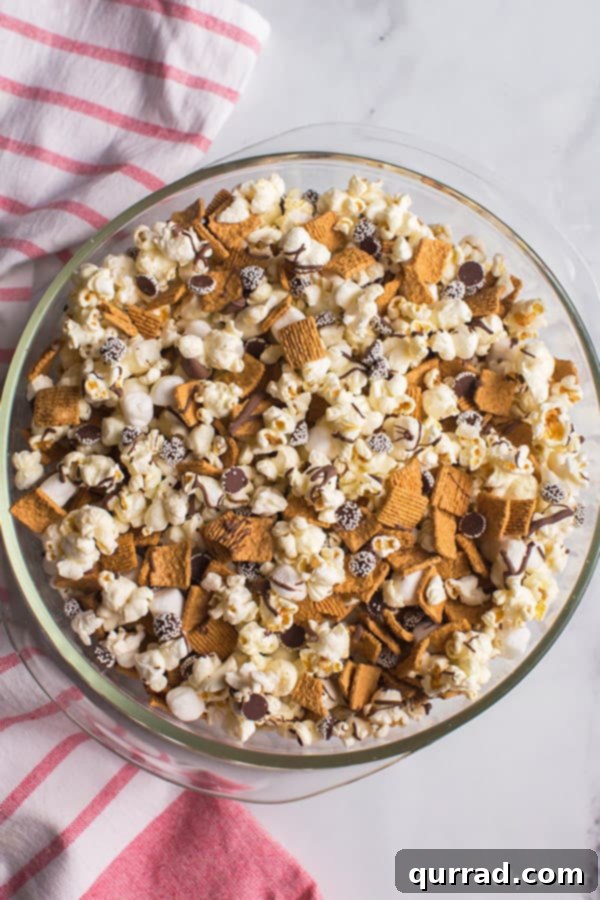 overhead S'mores Popcorn mix in large glass bowl