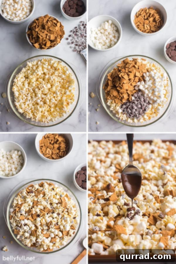 4 picture collage of s'mores popcorn snack recipe