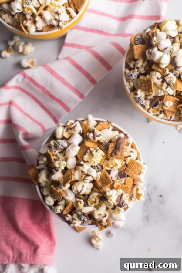 overhead S'mores Popcorn mix in small bowls