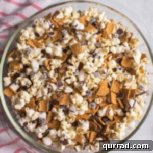 overhead S'mores Popcorn mix in large glass bowl