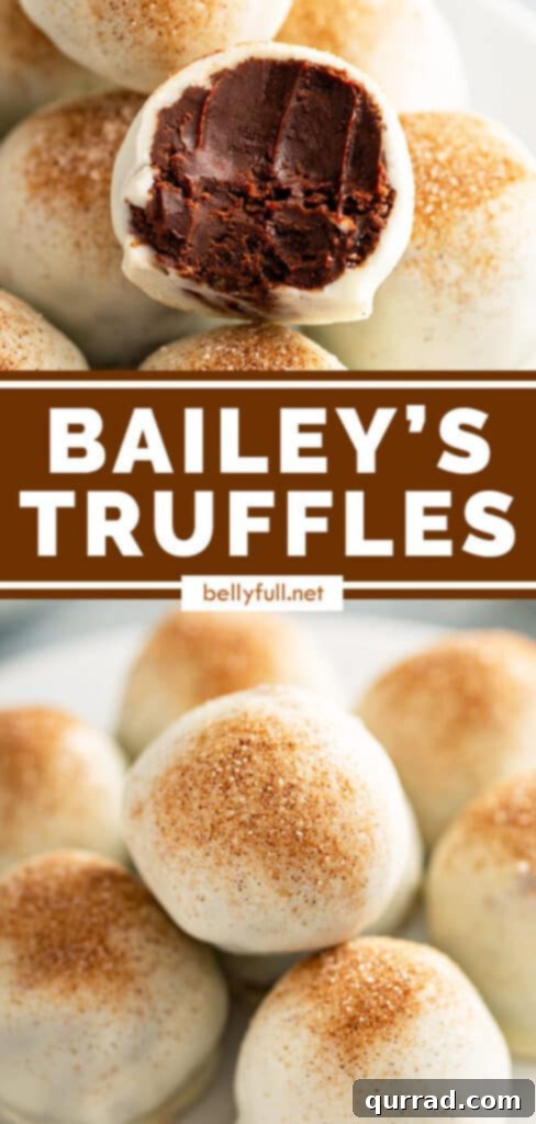 Decadent Bailey's Truffles 6 A Pinterest-friendly image displaying Bailey’s Chocolate Truffles, bitten and whole, with a caption suggesting a gift idea and easy recipe.