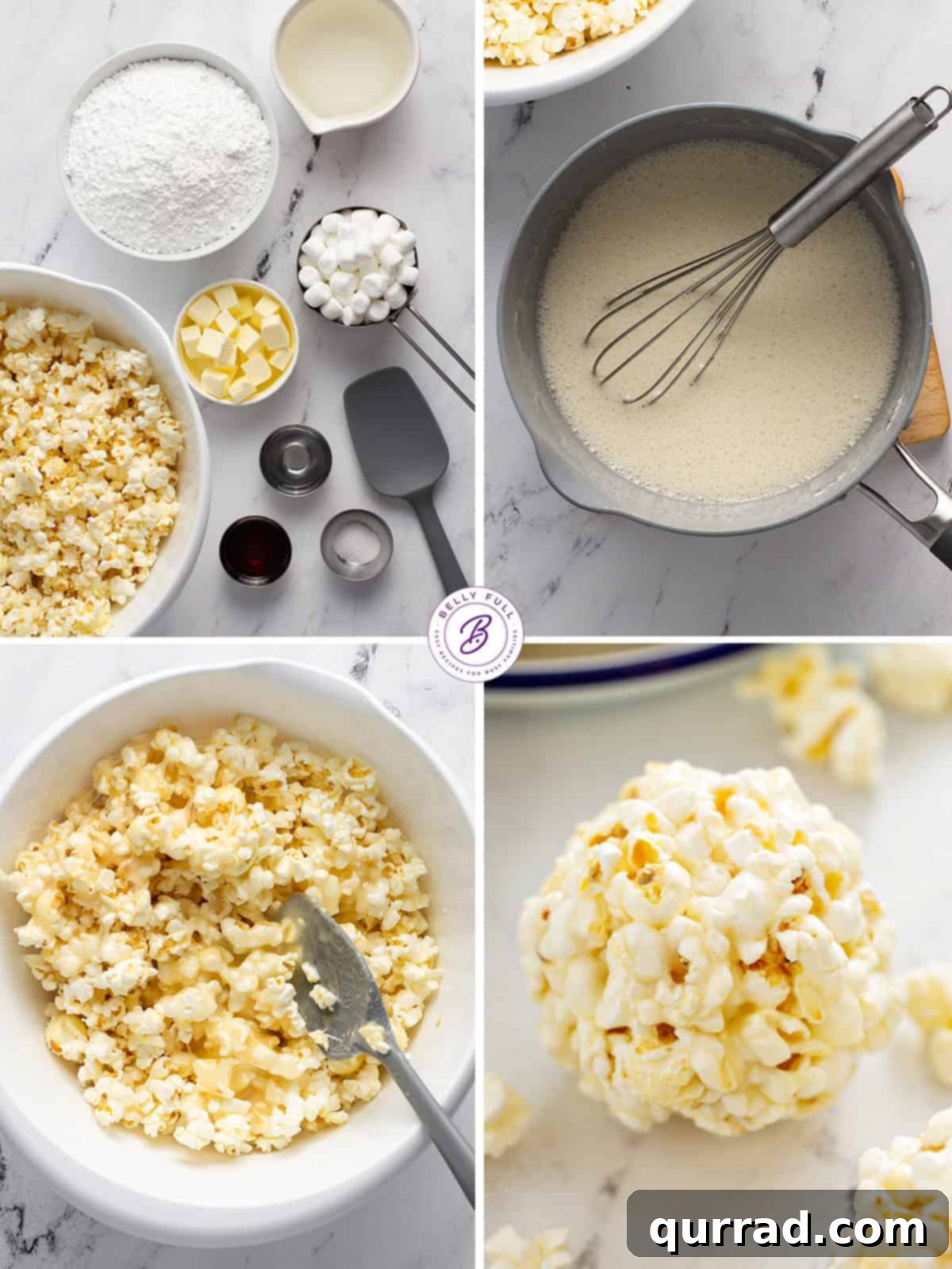 Sweet Popcorn Bites 3 Step-by-step imagery showing the process of making popcorn balls, from melting the syrup to shaping the balls.