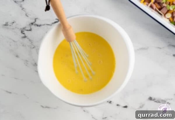 A whisk resting in a mixing bowl filled with a perfectly blended egg custard mixture.