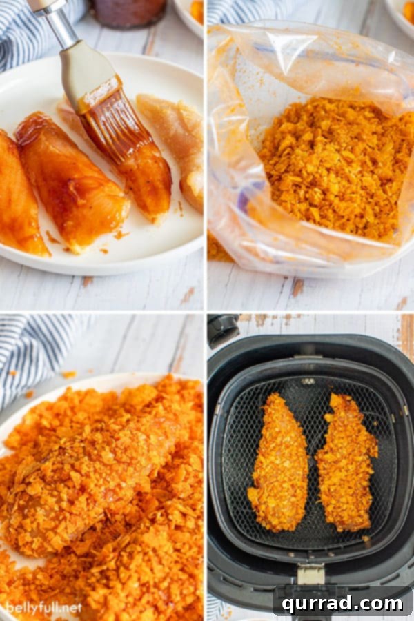 Air Fryer BBQ Chicken Tenders 4 4 picture collage of BBQ chip chicken tenderloins being made