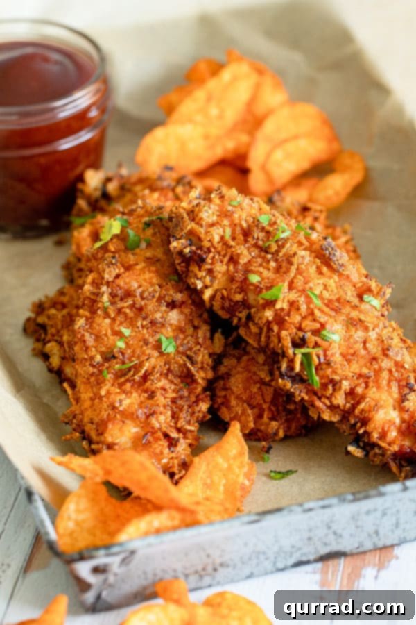 Air Fryer BBQ Chicken Tenders 5 air fried chicken tenderloins on serving tray with chips