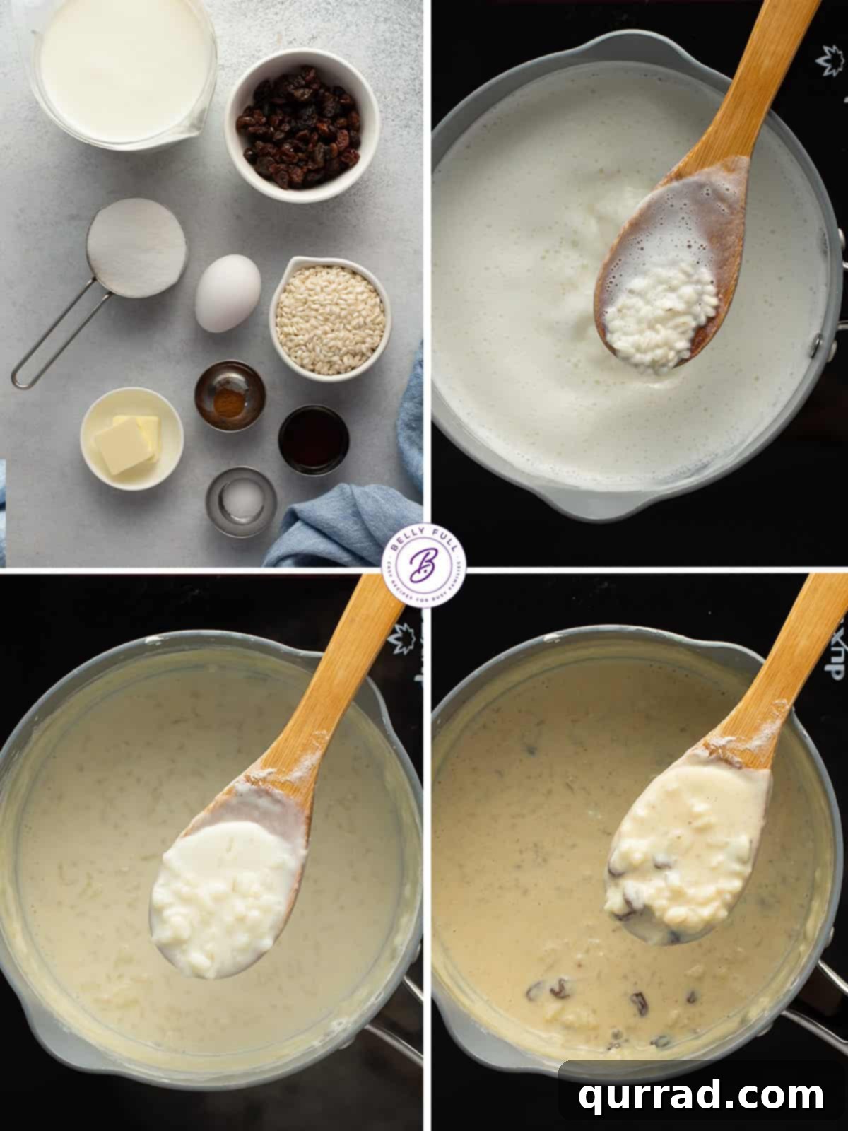 Bowl of Bliss 4 A four-picture collage demonstrating the step-by-step process of how to make creamy rice pudding on the stovetop.