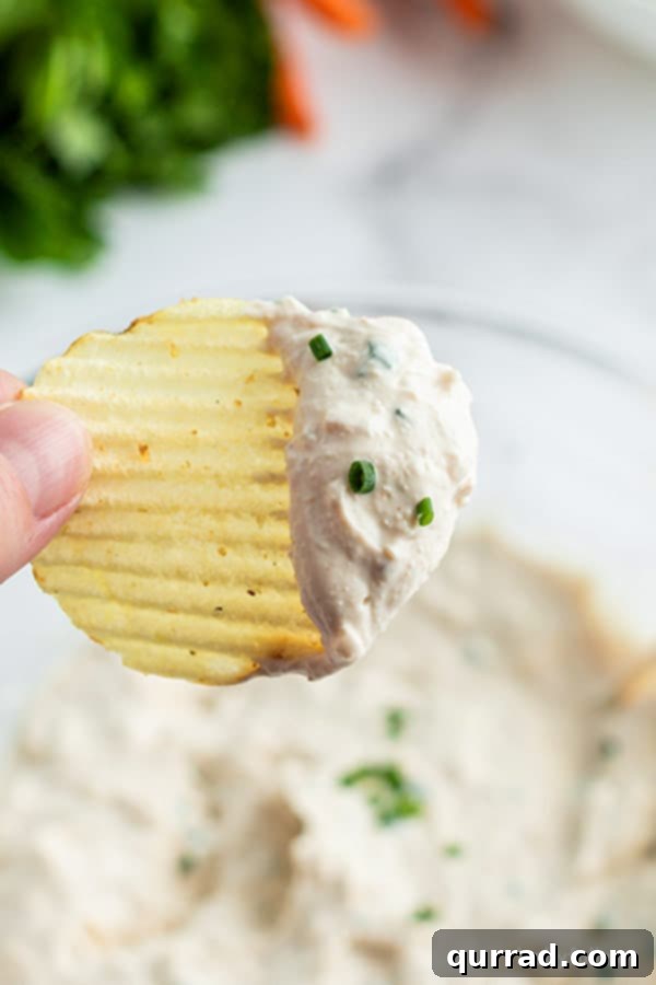 Gourmet French Onion Dip 4 A close-up shot of creamy French Onion Dip on a single wavy potato chip, showcasing its texture and readiness for enjoyment.