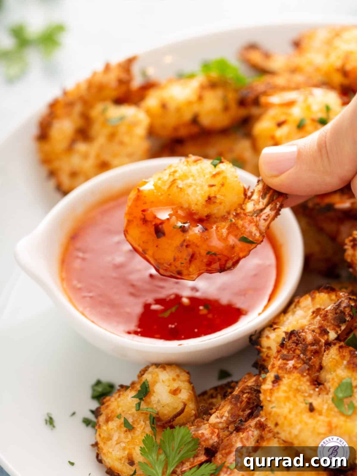 Crispy Air Fryer Coconut Shrimp 9 Close-up of crispy Air Fryer Coconut Shrimp with a vibrant green garnish, ready to be dipped and enjoyed as a delicious appetizer.