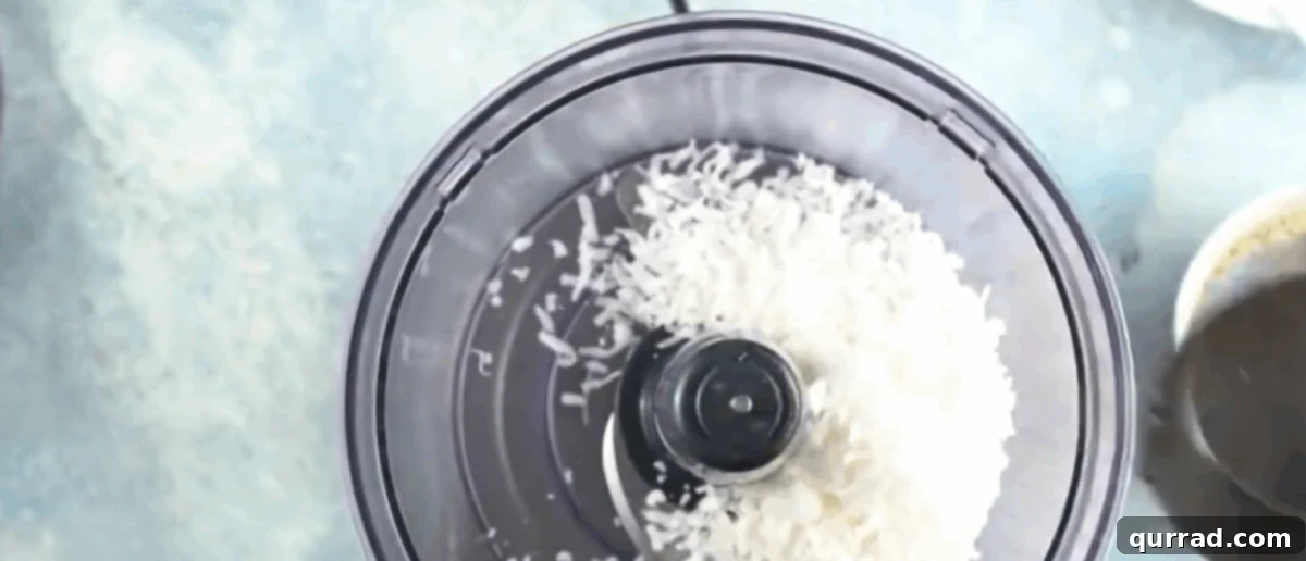 Crispy Air Fryer Coconut Shrimp 4 Food processor finely chopping coconut flakes and panko breadcrumbs for the shrimp coating.