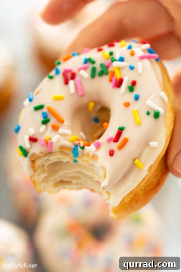 Quick Air Fryer Donut Delight 10 Close up glazed and sprinkled biscuit donut with bite taken.