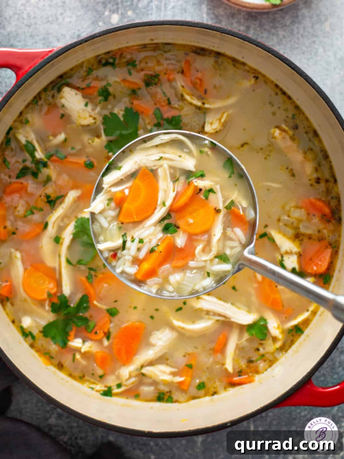 Golden Chicken Rice Elixir 4 A ladle hovers over a large pot of simmering chicken and rice soup, showing the tender carrots and rich broth before the final chicken addition.