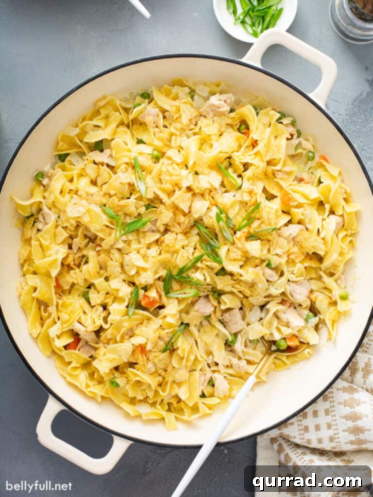 Savory Tuna Noodle Bake 2 overhead tuna noodle casserole with potato chips