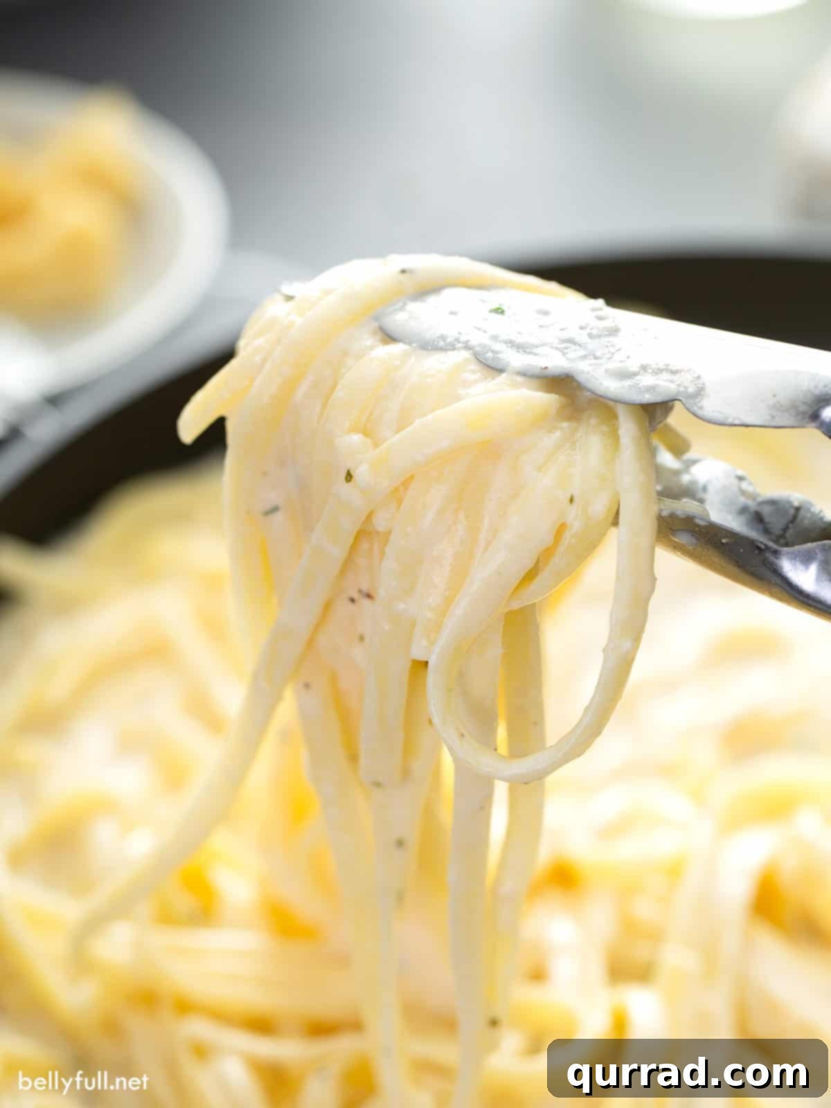 tongs holding cooked fettuccine pasta coated in creamy white sauce, ready to serve