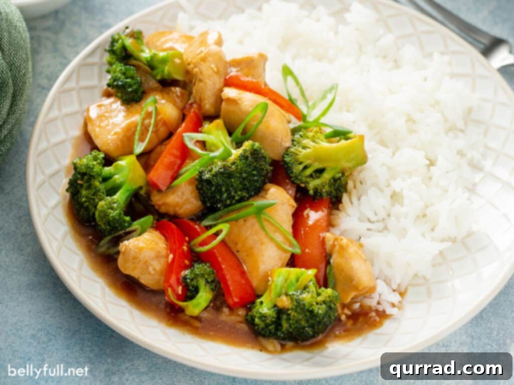 Quick Chicken Stir-Fry 4 Chicken stir fry over white rice on plate