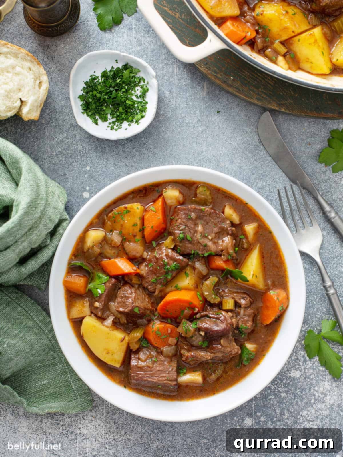 Hearty Irish Beef Stew 3 Close-up shot of Irish Beef Stew in a white bowl, showing tender beef and vegetables.