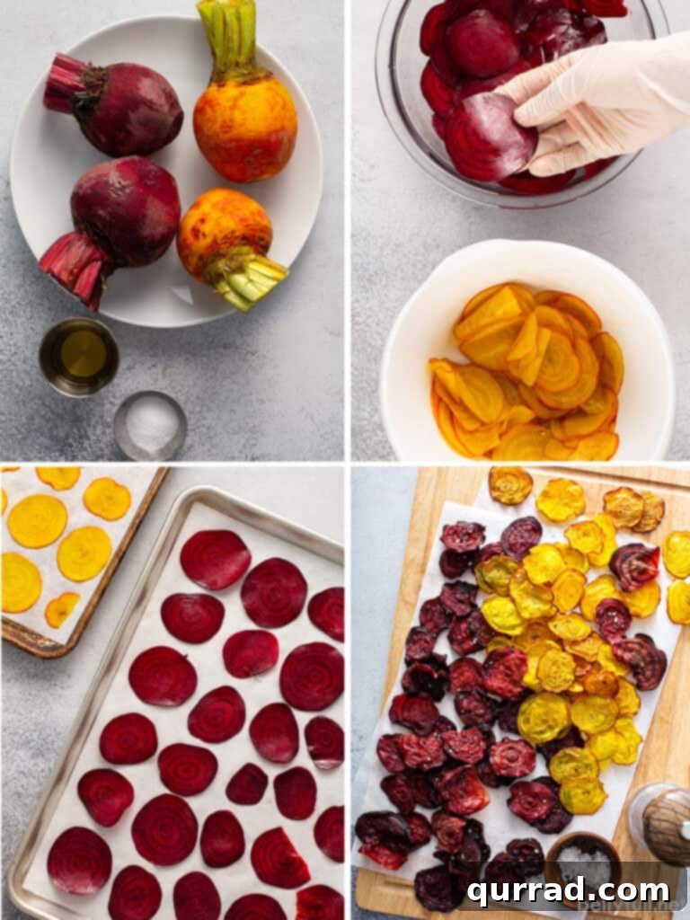 Crispy Beetroot Snaps 4 A four-picture collage demonstrating the step-by-step process of making beet chips, from slicing to seasoning, offering a visual guide.