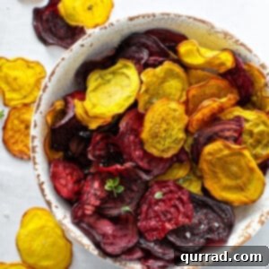 overhead baked red and golden beet chips in bowl
