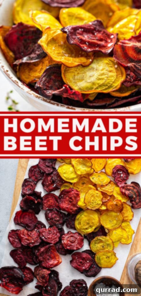Crispy Beetroot Snaps 8 Pinterest pin graphic featuring a bowl of homemade baked beet chips, encouraging readers to save the recipe.