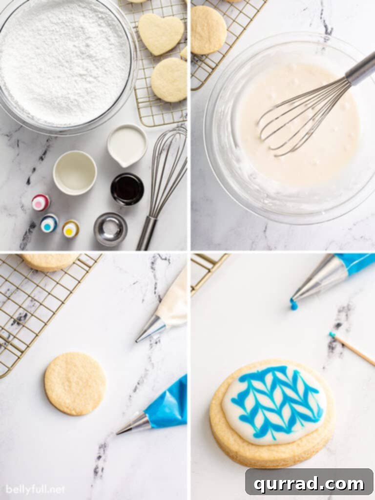Flawless Sugar Cookie Icing 4 4 picture collage steps to make decorated sugar cookies with icing, demonstrating how to ice sugar cookies