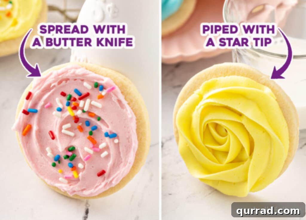 Best Sugar Cookie Frosting 4 Comparison image showing sugar cookie frosting both spread smoothly and elaborately piped onto cookies.