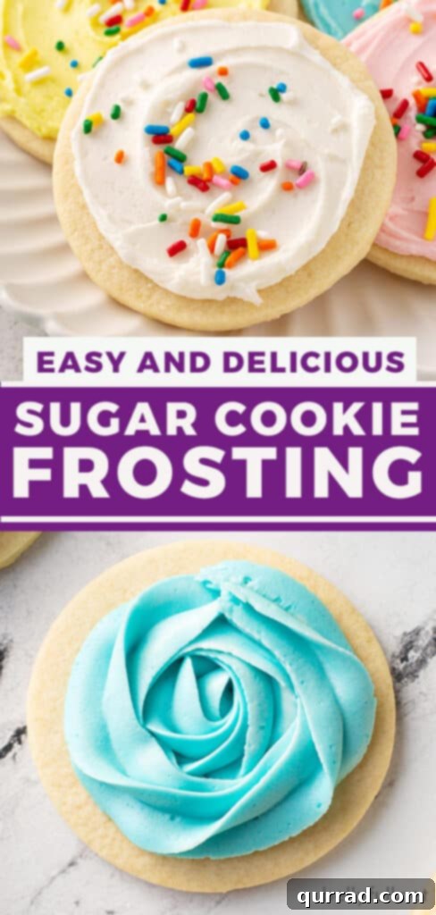 Best Sugar Cookie Frosting 7 Pinterest graphic: 'Best Homemade Sugar Cookie Frosting - Creamy, Hardens, Stackable & Delicious!'