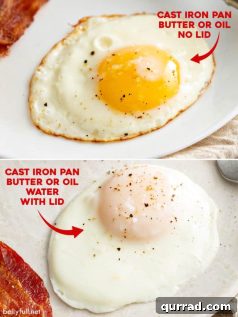 Comparison of fried egg cooked without a lid versus steamed with a lid