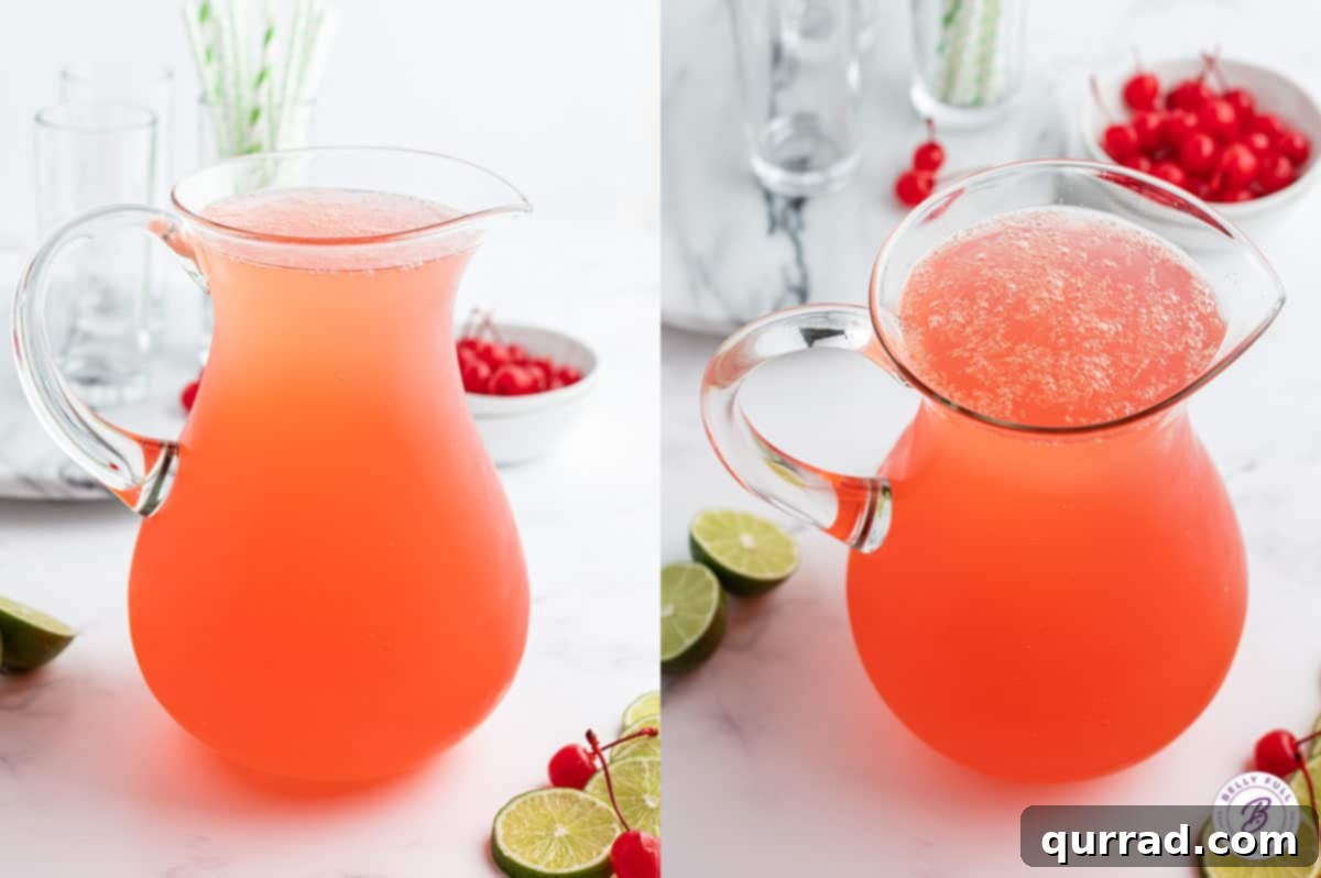 Sparkling Cherry Limeade 4 A large pitcher filled with homemade Cherry Limeade and crushed ice, ready for serving.