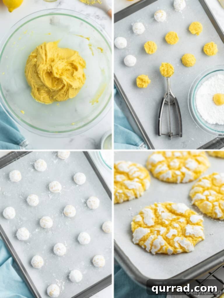 A four-picture collage demonstrating the step-by-step process of making Lemon Crinkle Cookies, from mixing dough to rolling in powdered sugar.
