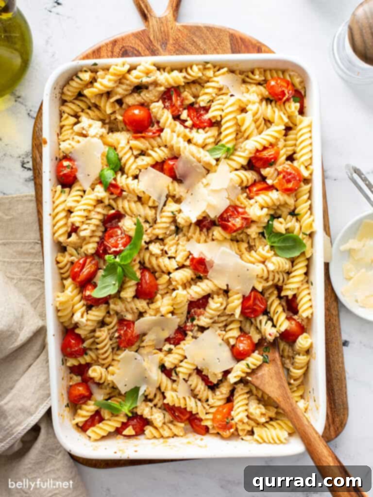 Creamy Tomato Feta Pasta Bake 2 overhead baked feta pasta in white baking dish