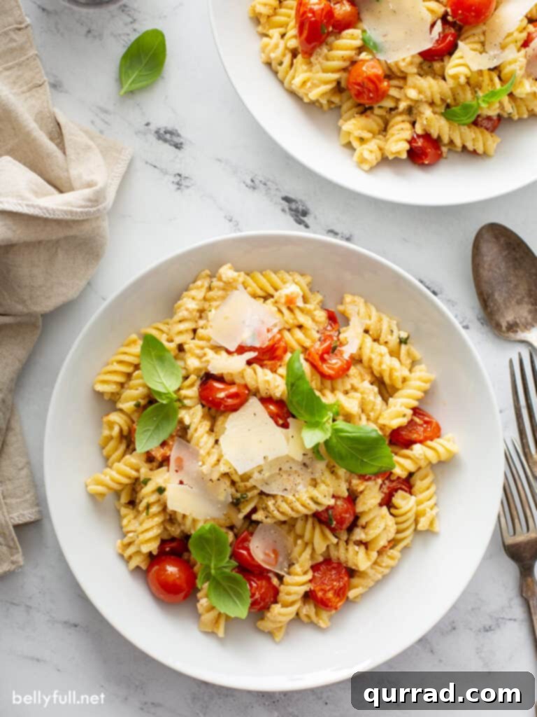 Creamy Tomato Feta Pasta Bake 3 overhead baked feta pasta in white bowl
