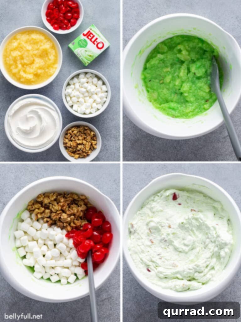 Pistachio Cloud Salad 5 A four-picture collage demonstrating the step-by-step process of making Watergate Salad.