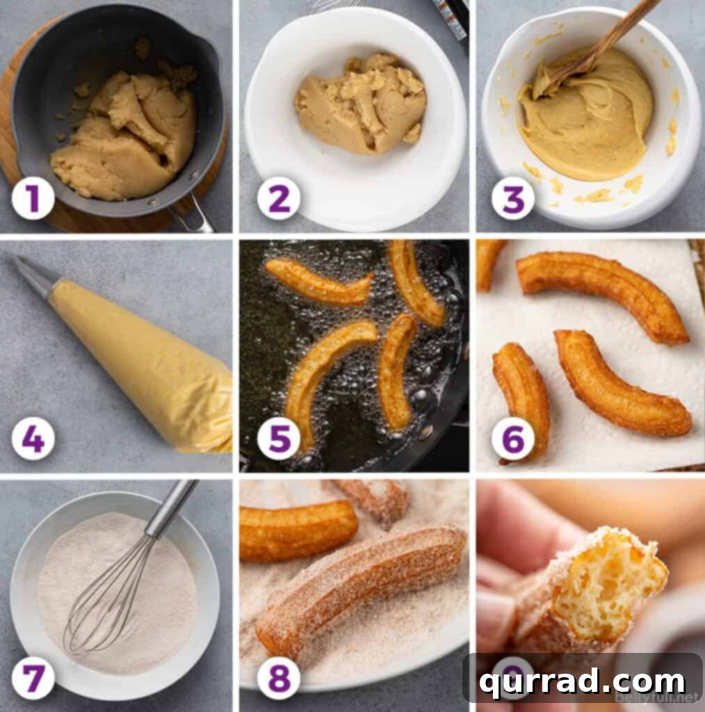 Homemade Disney Park Churros Recipe 4 A step-by-step photographic guide showing the process of making churros, from dough preparation to frying and coating.