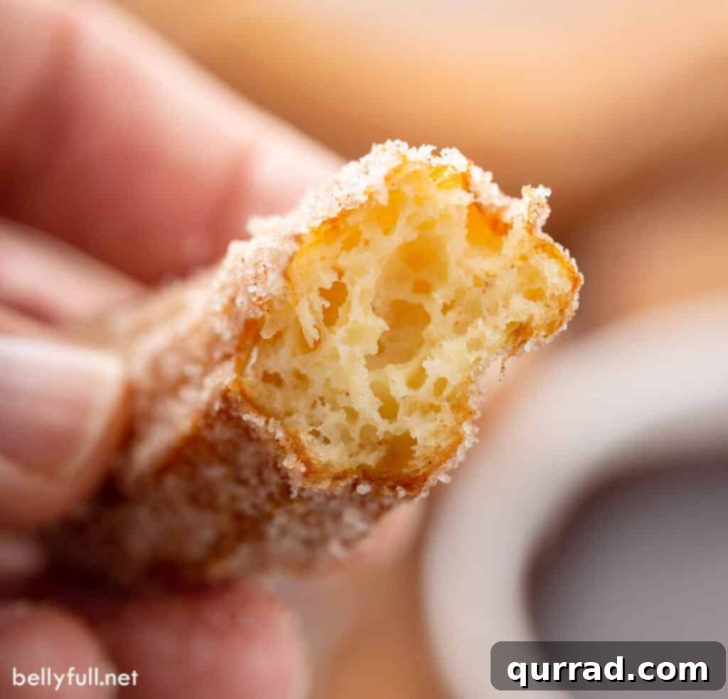 Homemade Disney Park Churros Recipe 5 A perfectly fried churro, freshly bitten, revealing its light, fluffy interior and crisp texture.