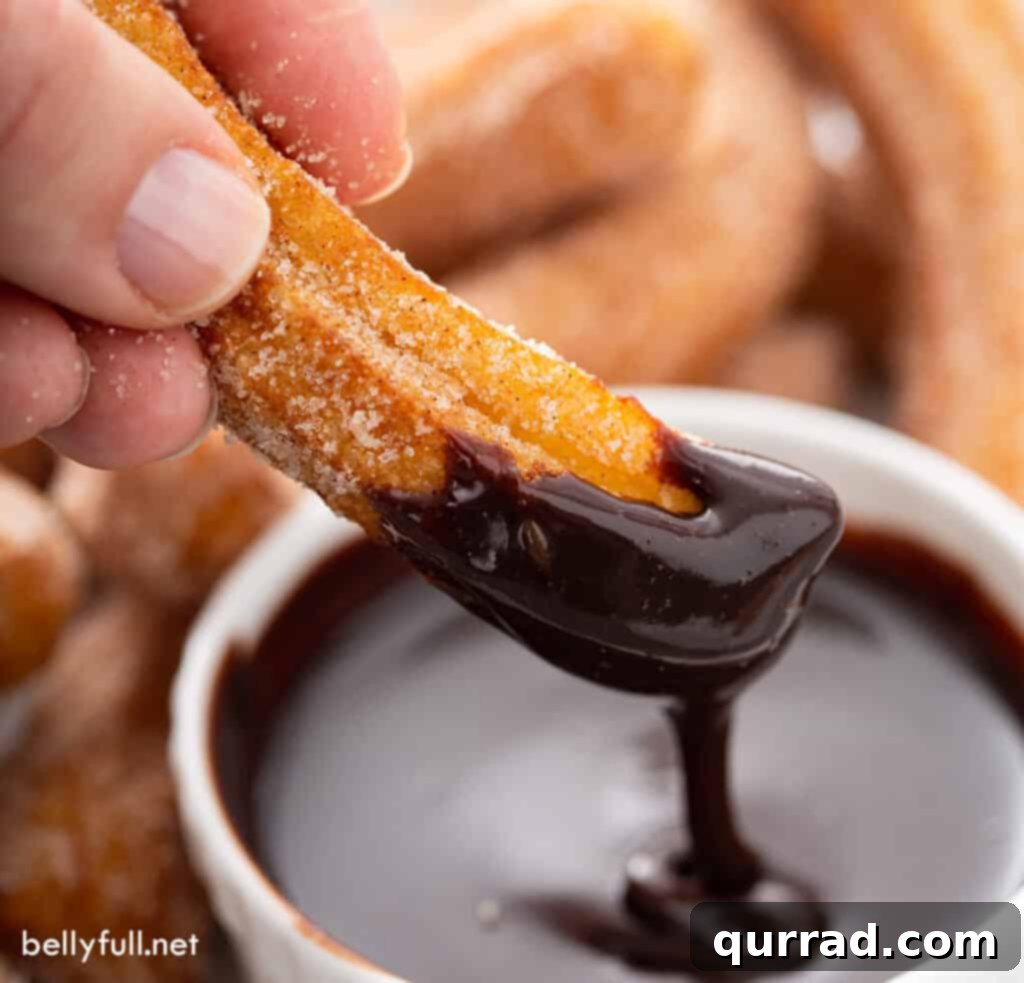Homemade Disney Park Churros Recipe 6 A freshly fried churro being dipped into a rich, dark chocolate sauce, highlighting its crispy exterior.