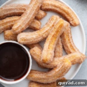 Homemade Disney Park Churros Recipe 7 top down Churros on white plate with cup of chocolate sauce