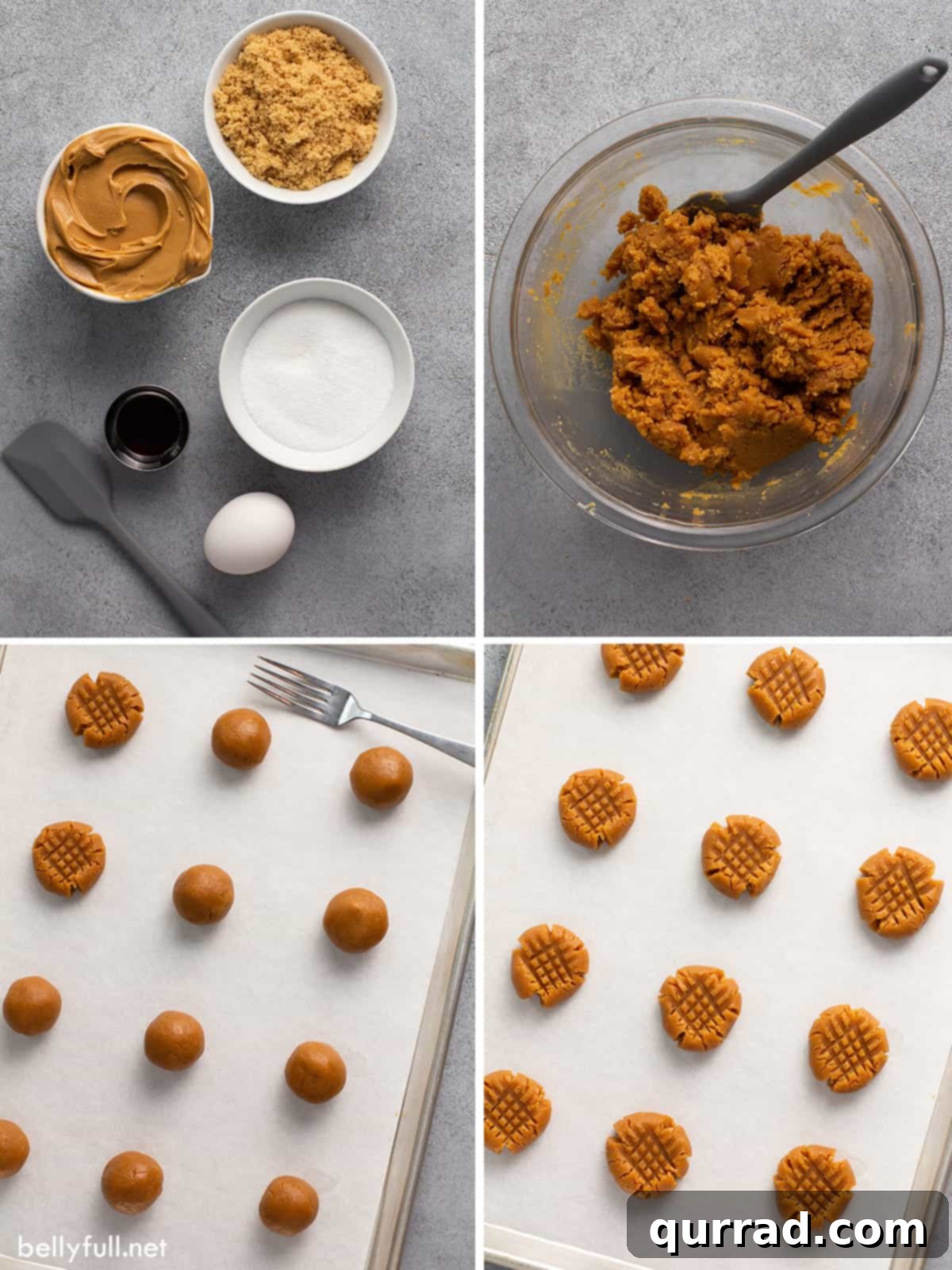 A four-picture collage demonstrating the step-by-step process of making peanut butter cookies, from mixing ingredients to shaping dough.
