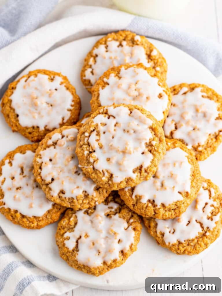 Frosted Cinnamon Oat Cookies 3 top down plate of old fashioned iced oatmeal cookies