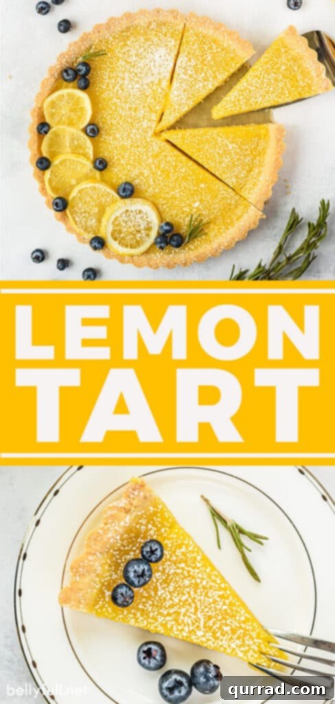A graphic featuring the lemon tart recipe for Pinterest, highlighting its sweet and tart flavor with a shortbread crust.