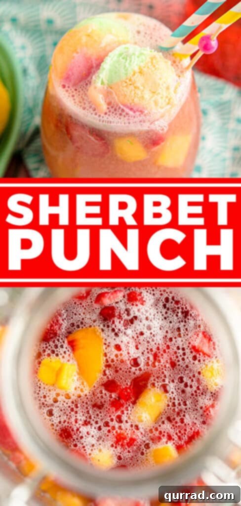 Pinterest pin graphic for an easy Sherbet Punch recipe, showing a glass of punch with fruit and sherbet.