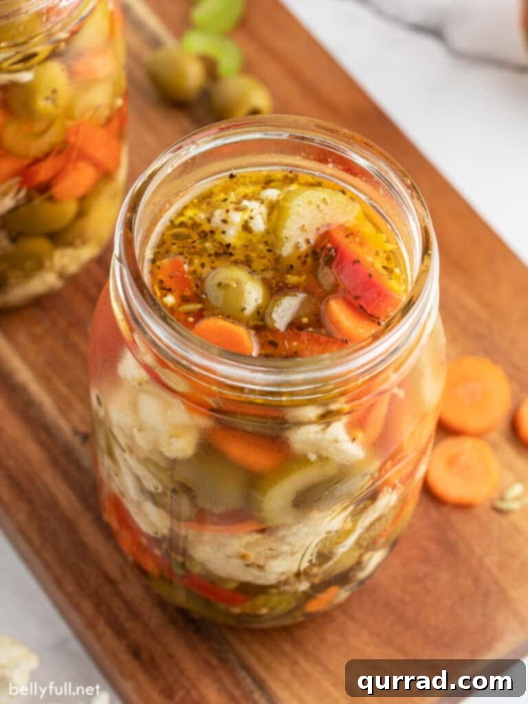 Giardiniera: The Zesty Vegetable Relish 3 overhead picture of pickled vegetables in glass jar