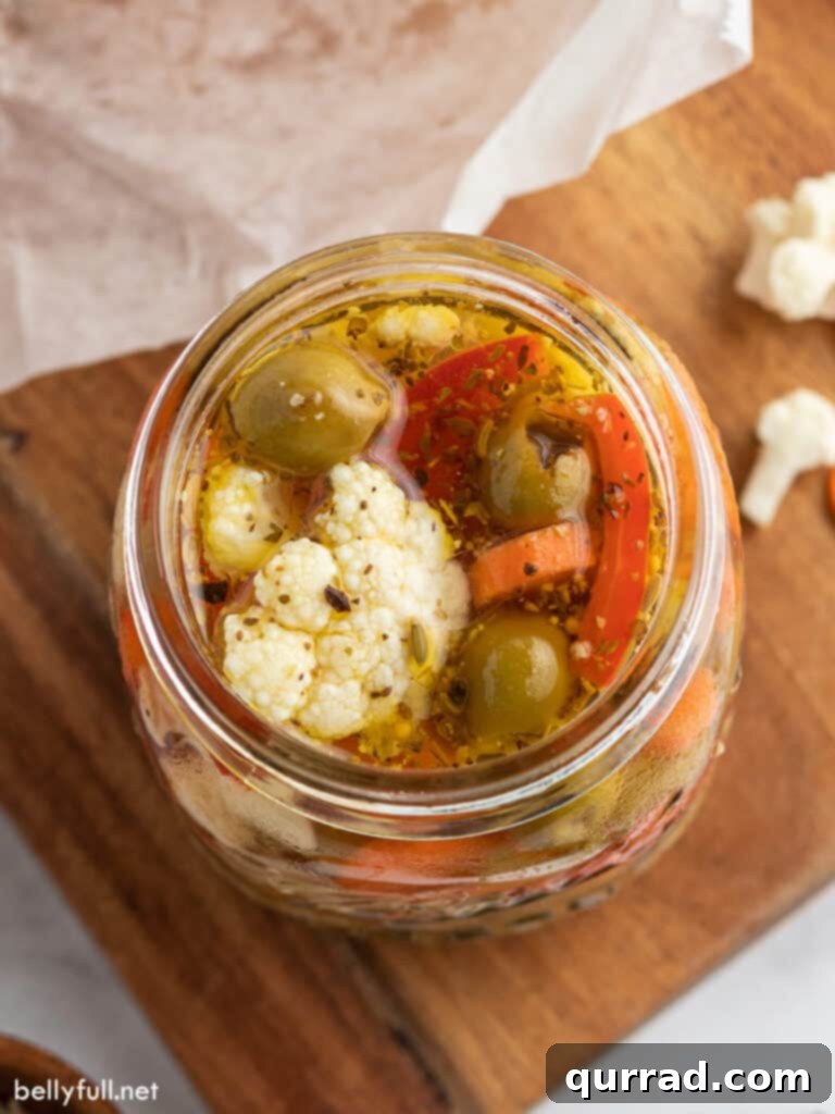 Giardiniera: The Zesty Vegetable Relish 4 overhead picture of Giardiniera in glass jar
